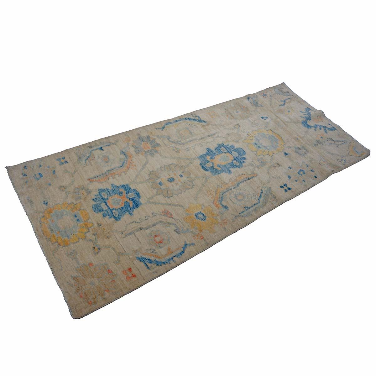 21. Jahrhundert Türkisch Oushak 3X6 Gold, Elfenbein & Schiefer Blau Handmade Läufer Teppich (Wolle) im Angebot