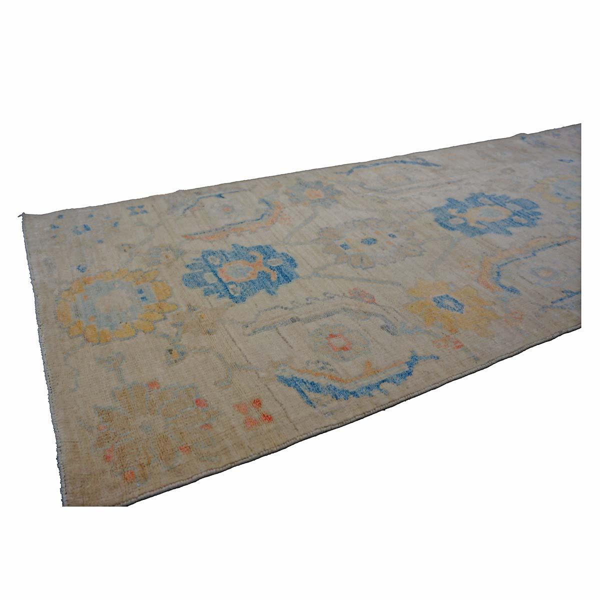 21. Jahrhundert Türkisch Oushak 3X6 Gold, Elfenbein & Schiefer Blau Handmade Läufer Teppich im Angebot 1