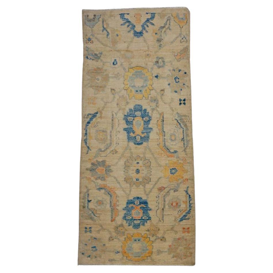 21. Jahrhundert Türkisch Oushak 3X6 Gold, Elfenbein & Schiefer Blau Handmade Läufer Teppich