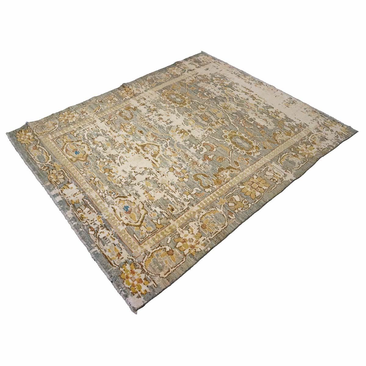 Turco Tappeto Oushak turco del 21° secolo 4X6 grigio, kaki, avorio e oro fatto a mano in vendita