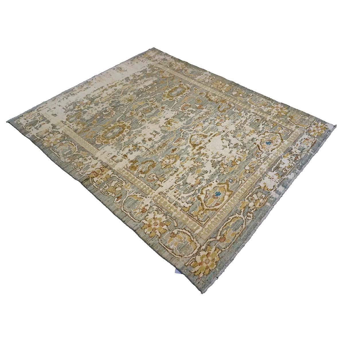 Tessuto a mano Tappeto Oushak turco del 21° secolo 4X6 grigio, kaki, avorio e oro fatto a mano in vendita