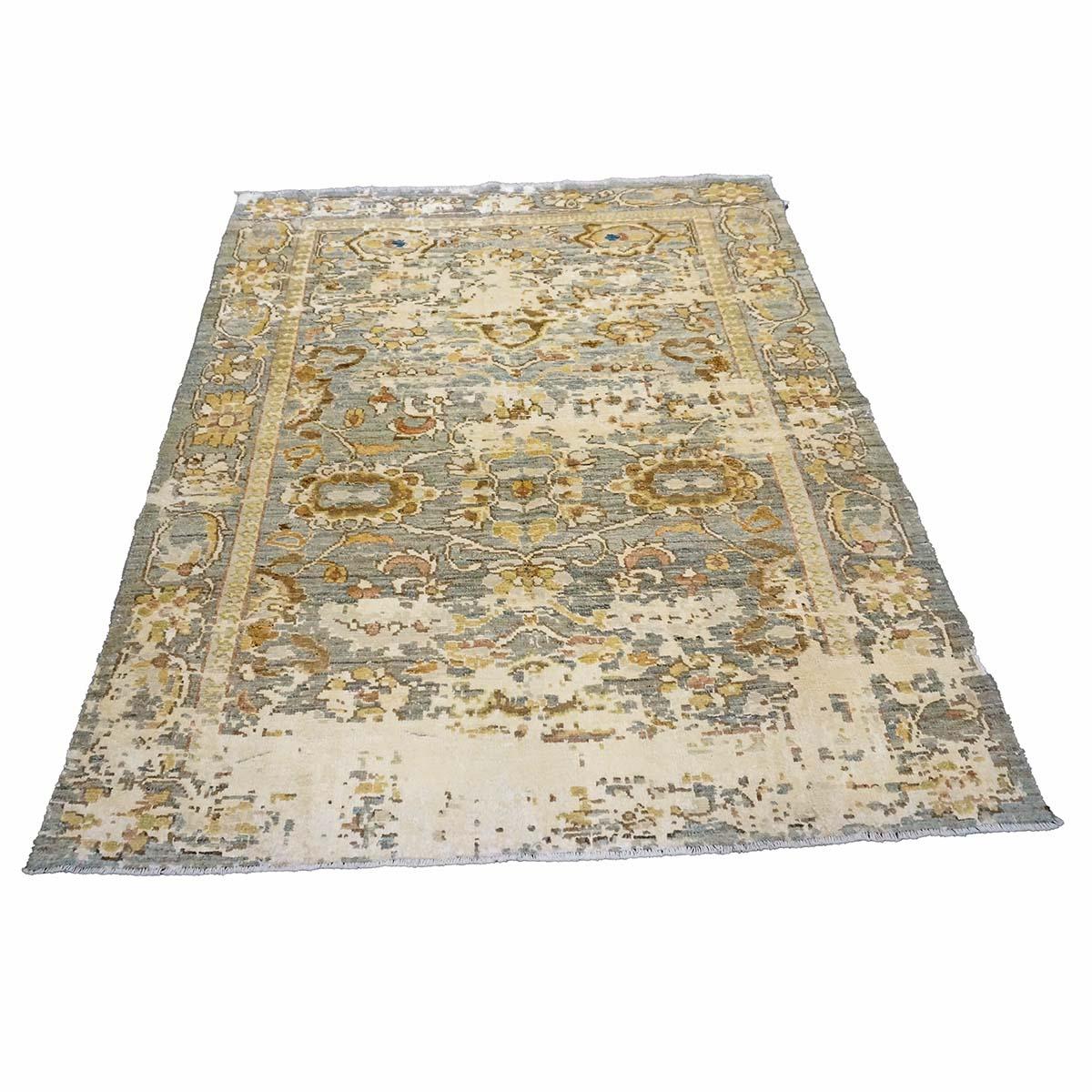 Tappeto Oushak turco del 21° secolo 4X6 grigio, kaki, avorio e oro fatto a mano In condizioni ottime in vendita a Houston, TX