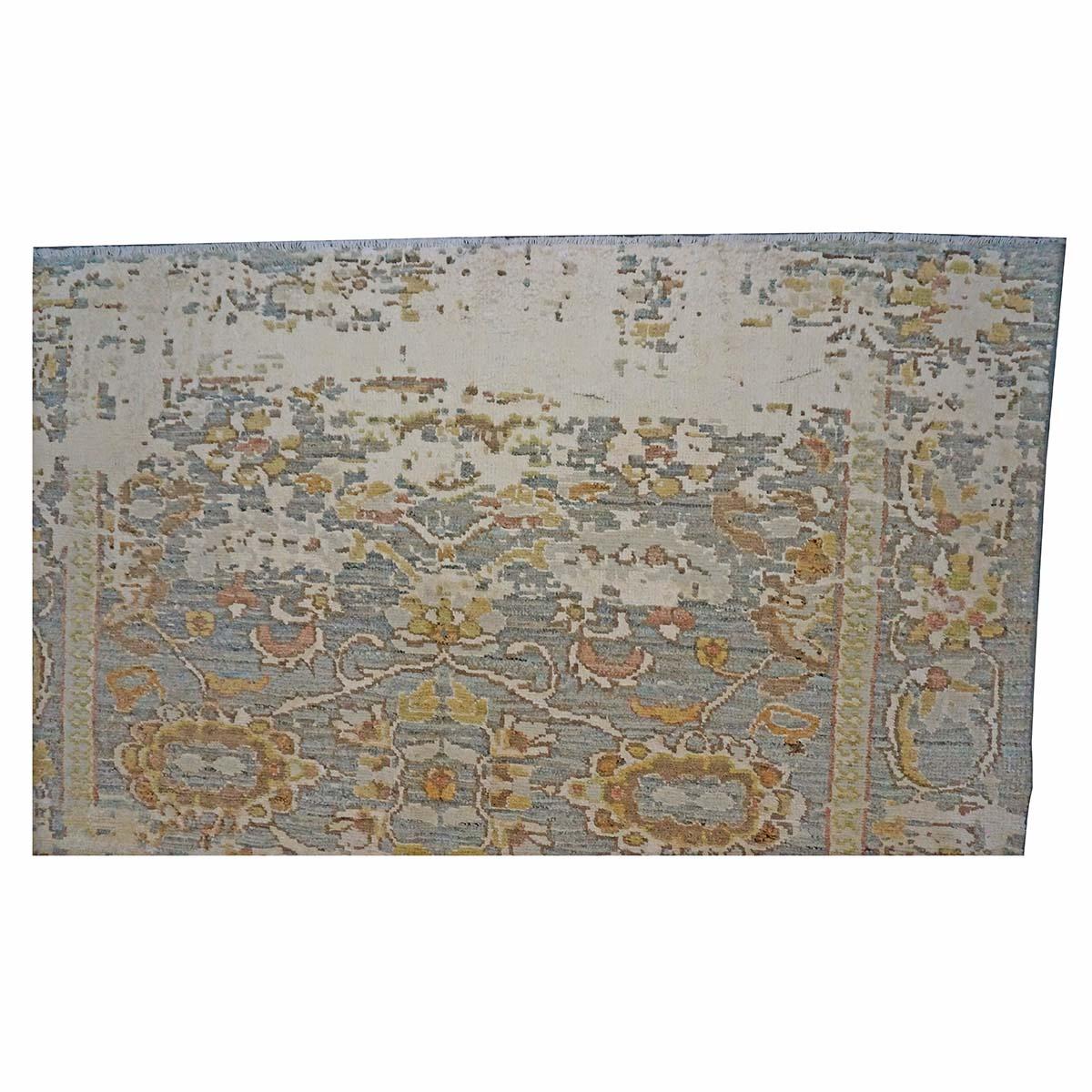 XXI secolo e contemporaneo Tappeto Oushak turco del 21° secolo 4X6 grigio, kaki, avorio e oro fatto a mano in vendita