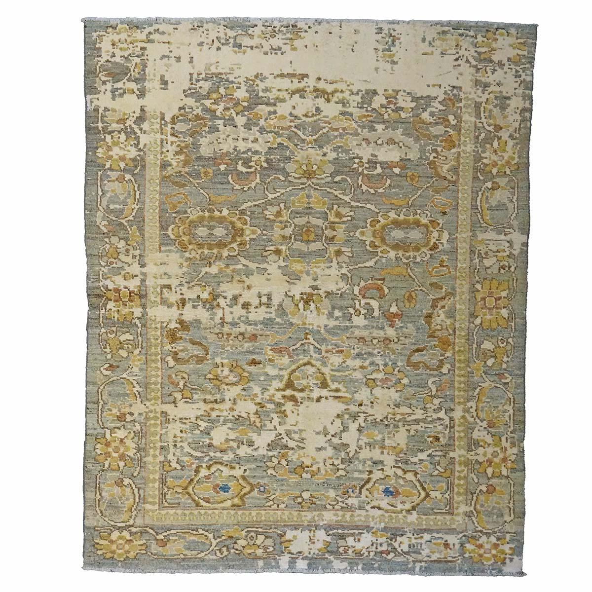 Tappeto Oushak turco del 21° secolo 4X6 grigio, kaki, avorio e oro fatto a mano in vendita