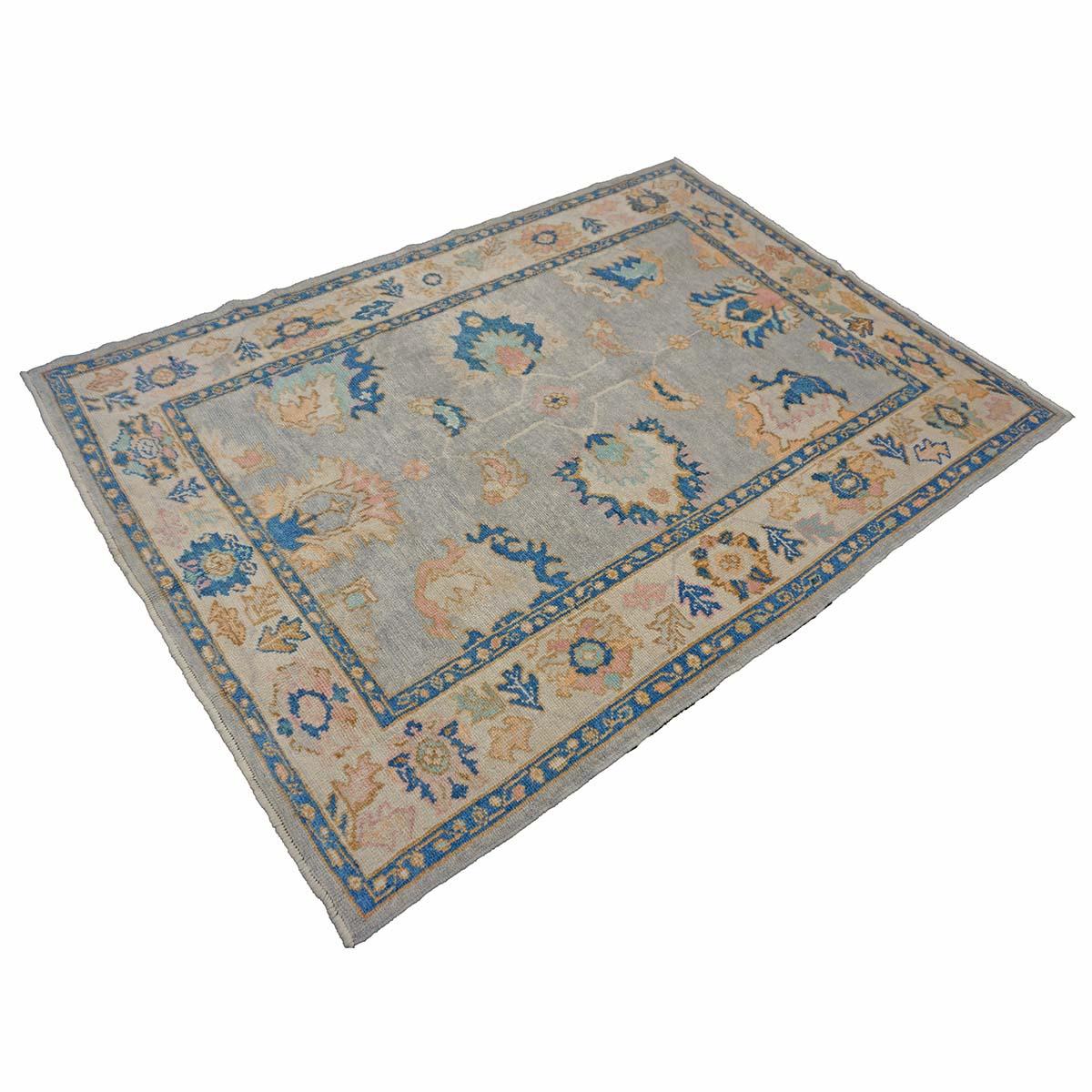21st Century Türkisch Oushak 5X7 Grau, Elfenbein & Schiefer Blau Handmade Bereich Teppich (Handgewebt) im Angebot