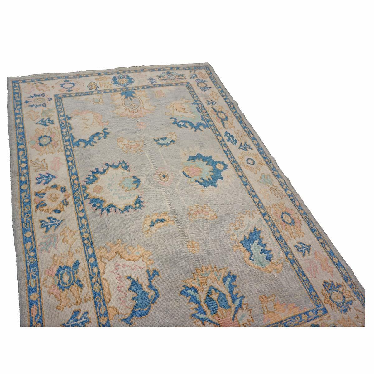 21st Century Türkisch Oushak 5X7 Grau, Elfenbein & Schiefer Blau Handmade Bereich Teppich (Wolle) im Angebot