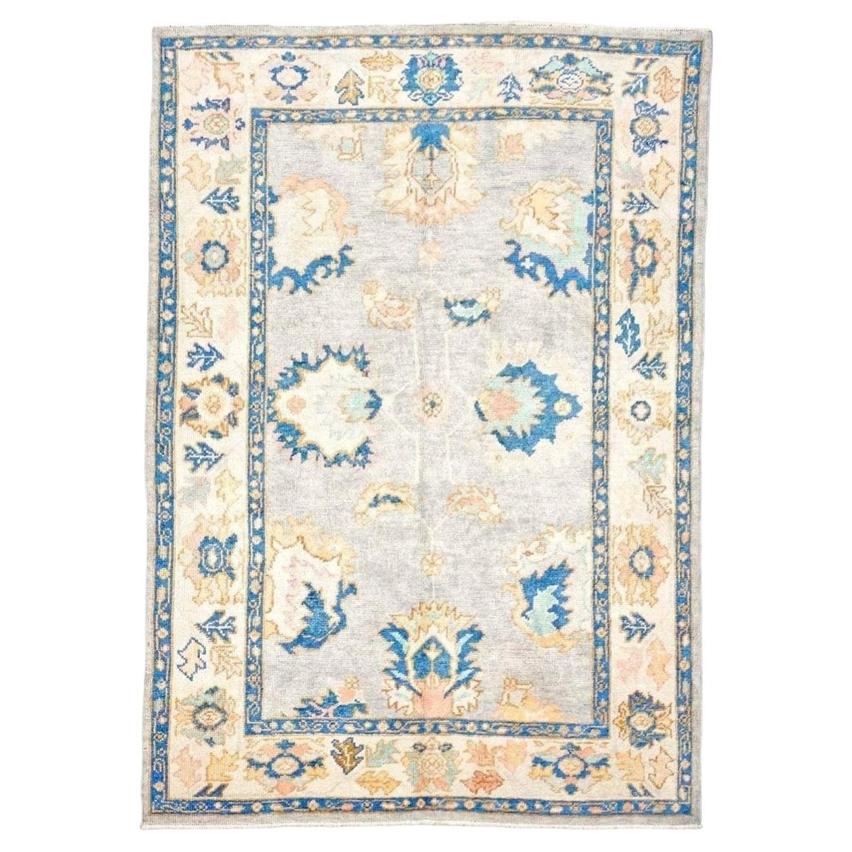 21st Century Turkish Oushak 5X8 Gray, Ivory & Slate Blue Handmade Area Rug