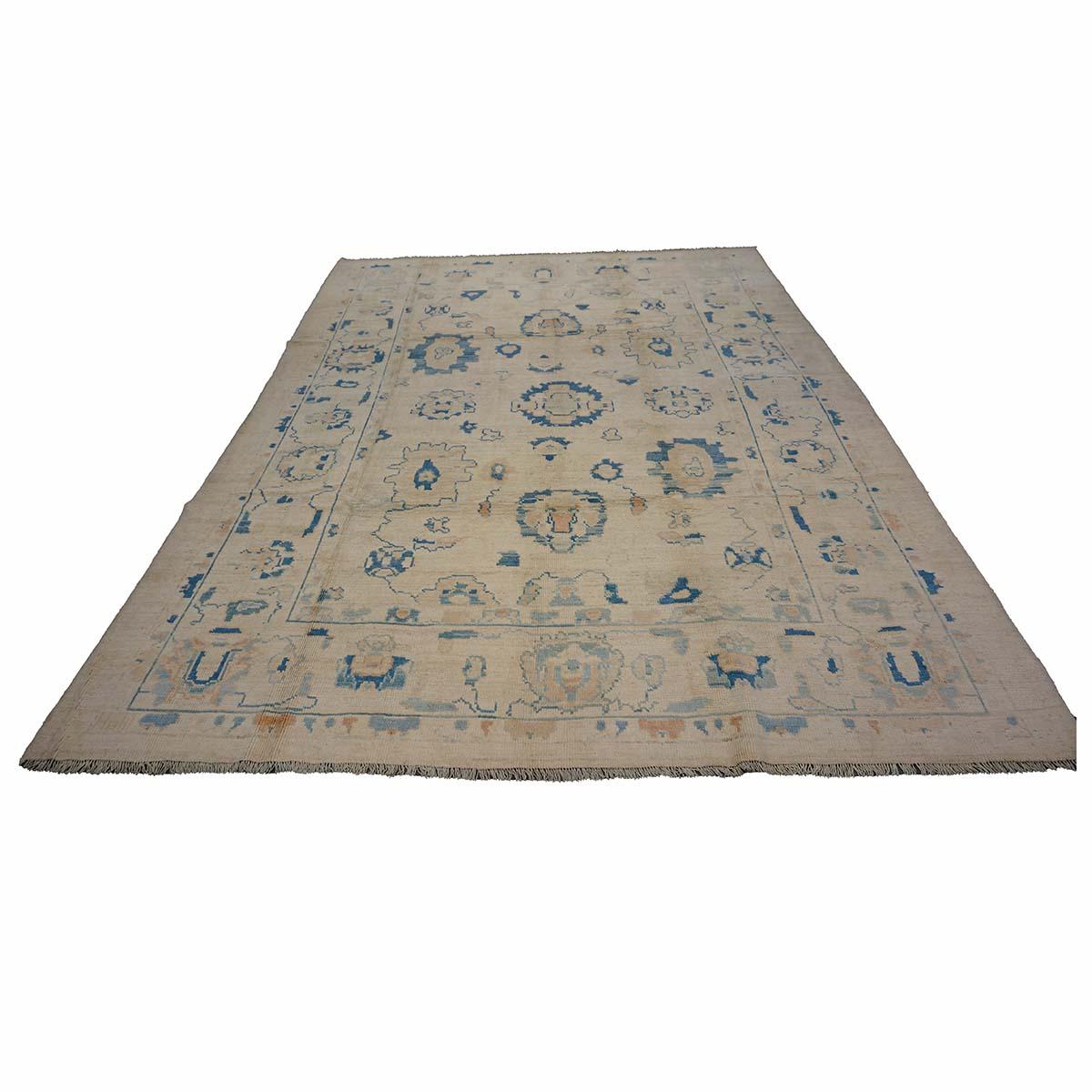 Türkischer Oushak 8x10 Elfenbein & Schiefer Blau Handgefertigter Teppich des 21. im Angebot 1