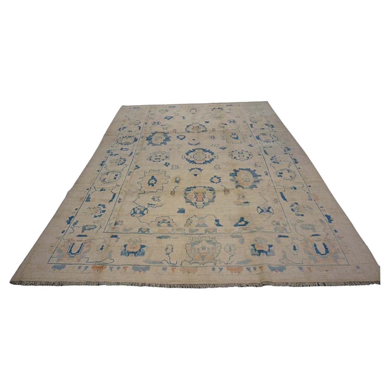 Türkischer Oushak 8x10 Elfenbein & Schiefer Blau Handgefertigter Teppich des 21.