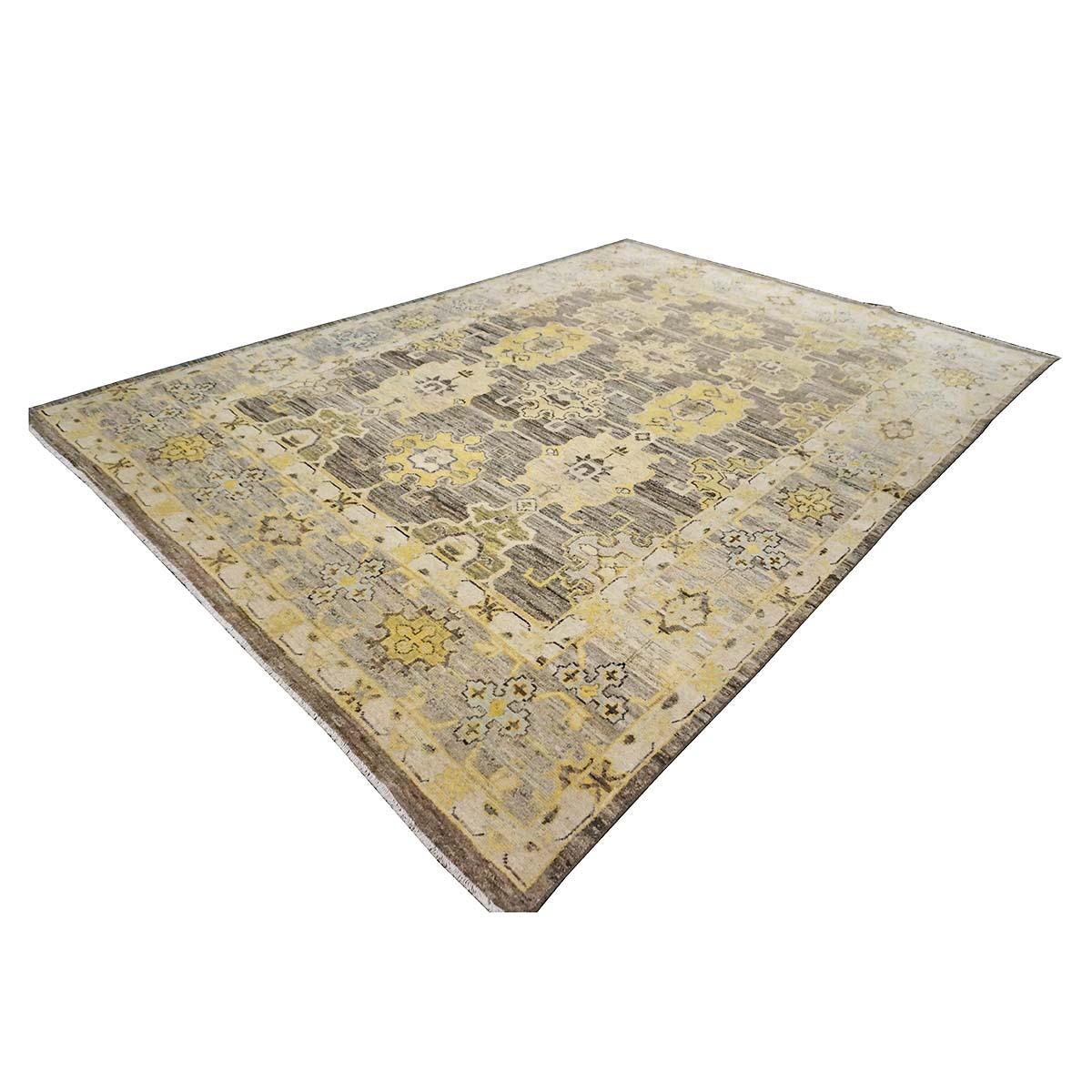 Turc Tapis turc Oushak 8x11 anthracite, jaune et ivoire fait main du 21e siècle en vente