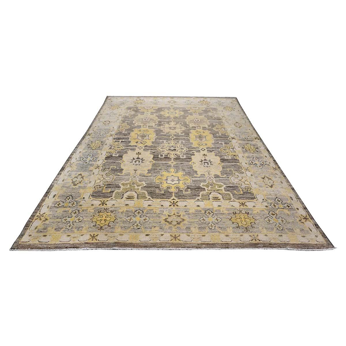 Tissé à la main Tapis turc Oushak 8x11 anthracite, jaune et ivoire fait main du 21e siècle en vente