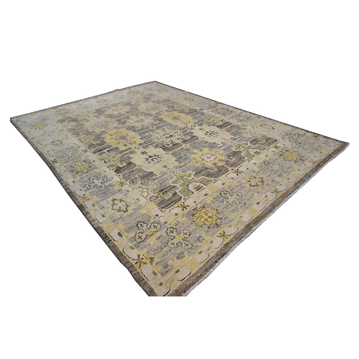 Tapis turc Oushak 8x11 anthracite, jaune et ivoire fait main du 21e siècle Excellent état - En vente à Houston, TX