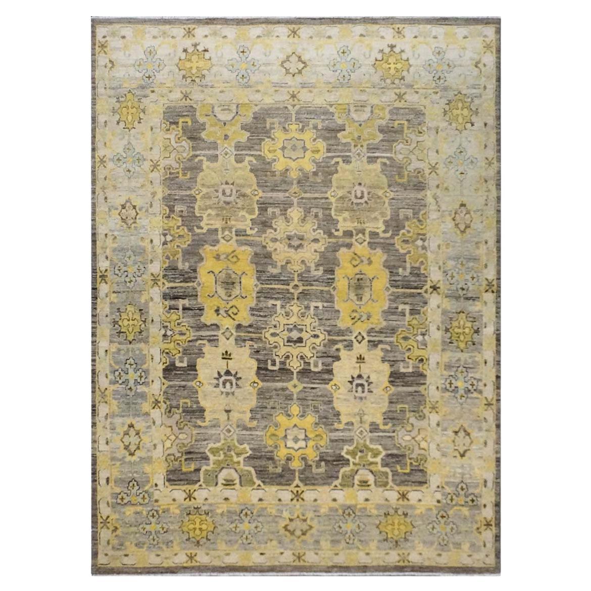21st Century Turkish Oushak 8x11 Charcoal, Yellow, & Ivory Handmade Area Rug