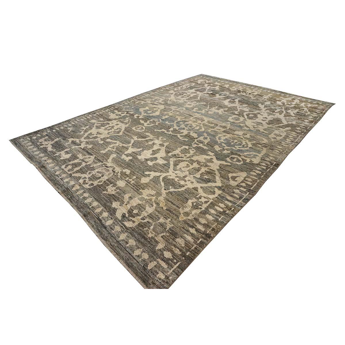 21st Century Turkish Oushak 8X12 Grau, Elfenbein & Holzkohle  Handgefertigter Vorleger (Türkisch) im Angebot