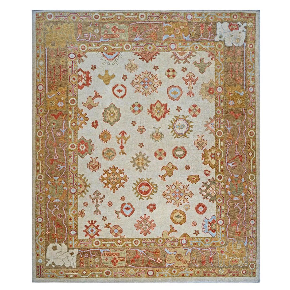 21st Century Turkish Oushak 9x11 Ivory, Yellow, & Rust Handmade Area Rug