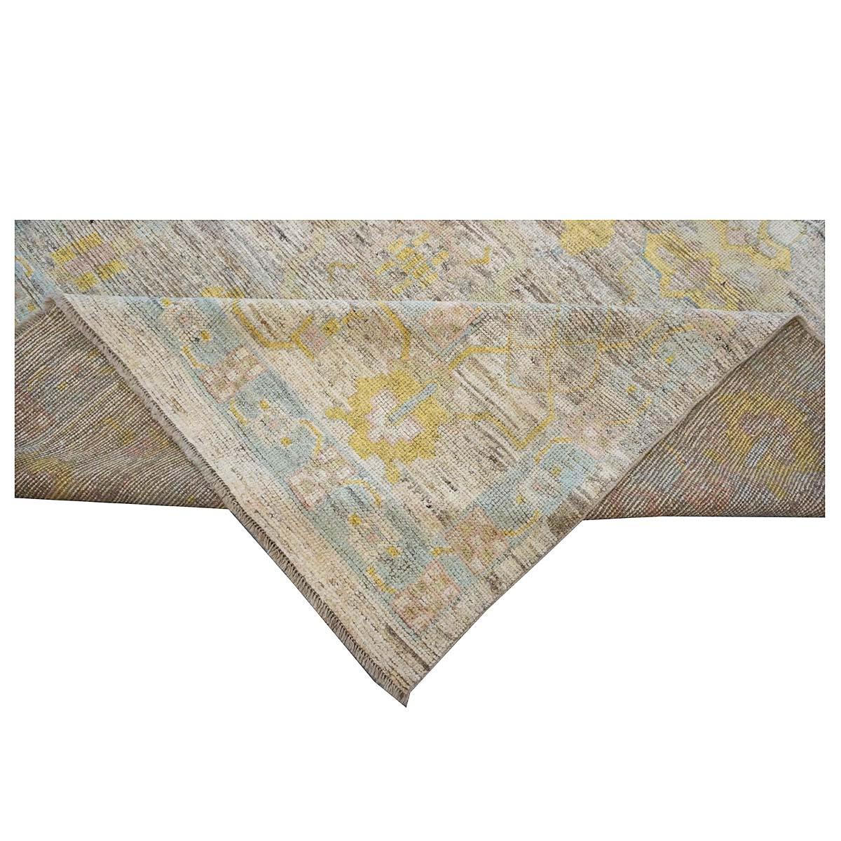 21e siècle Tapis turc Oushak 9X12 or, ivoire et bleu ardoise fait main en vente 3