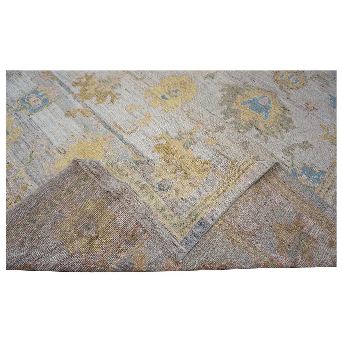 Tappeto turco Oushak 9X12 oro, avorio e blu ardesia del 21° secolo, realizzato a mano in vendita 5