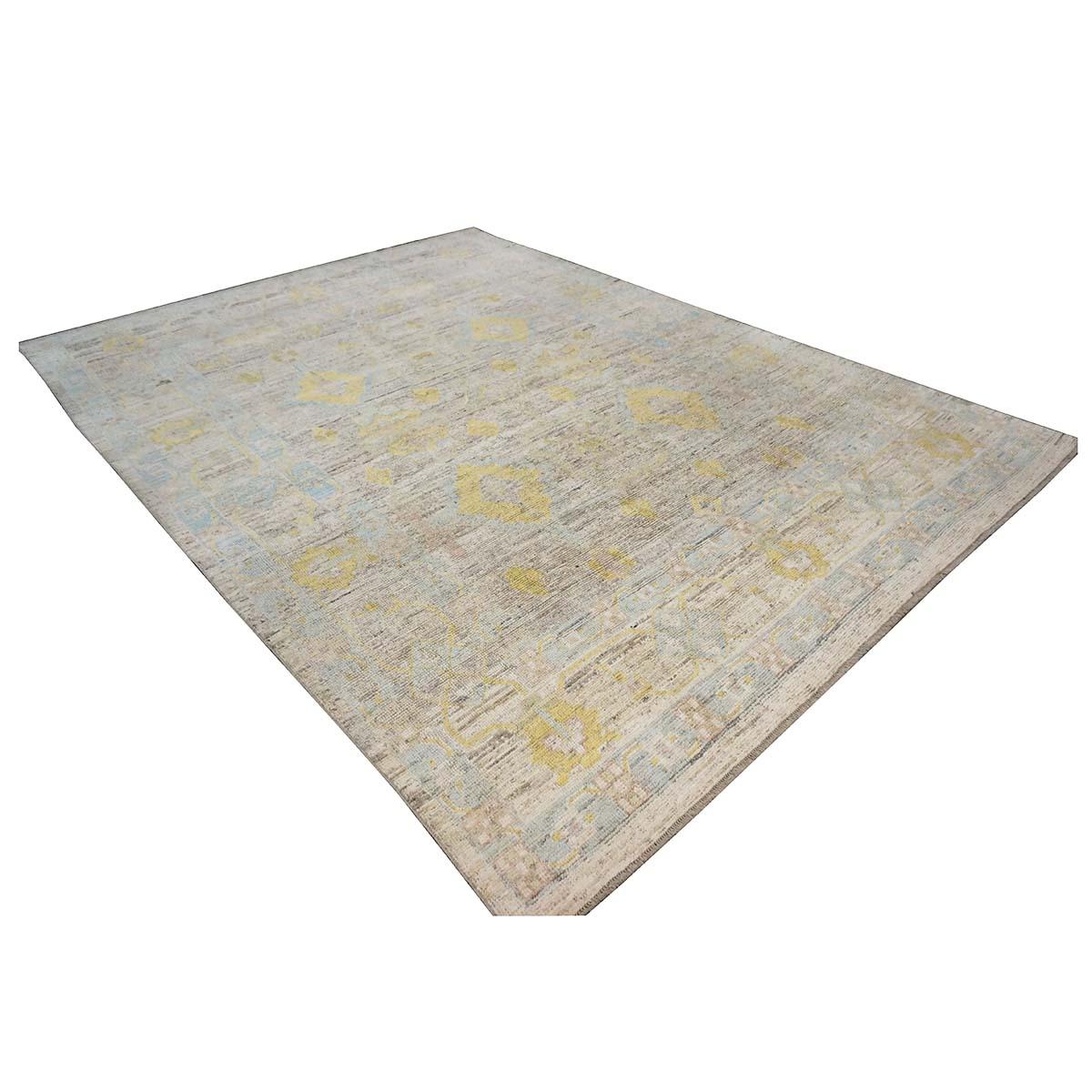 Turc 21e siècle Tapis turc Oushak 9X12 or, ivoire et bleu ardoise fait main en vente