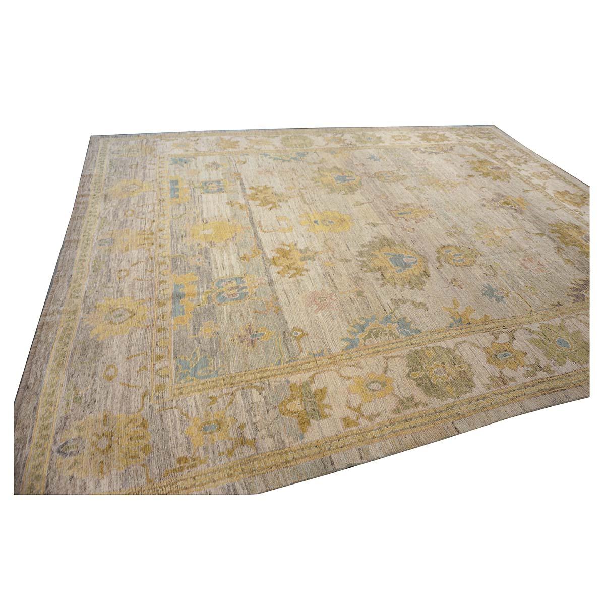 Tessuto a mano Tappeto turco Oushak 9X12 oro, avorio e blu ardesia del 21° secolo, realizzato a mano in vendita