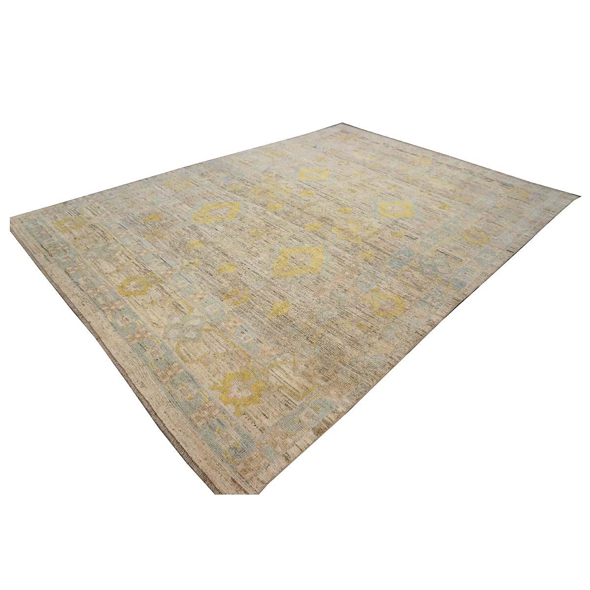 Tissé à la main 21e siècle Tapis turc Oushak 9X12 or, ivoire et bleu ardoise fait main en vente