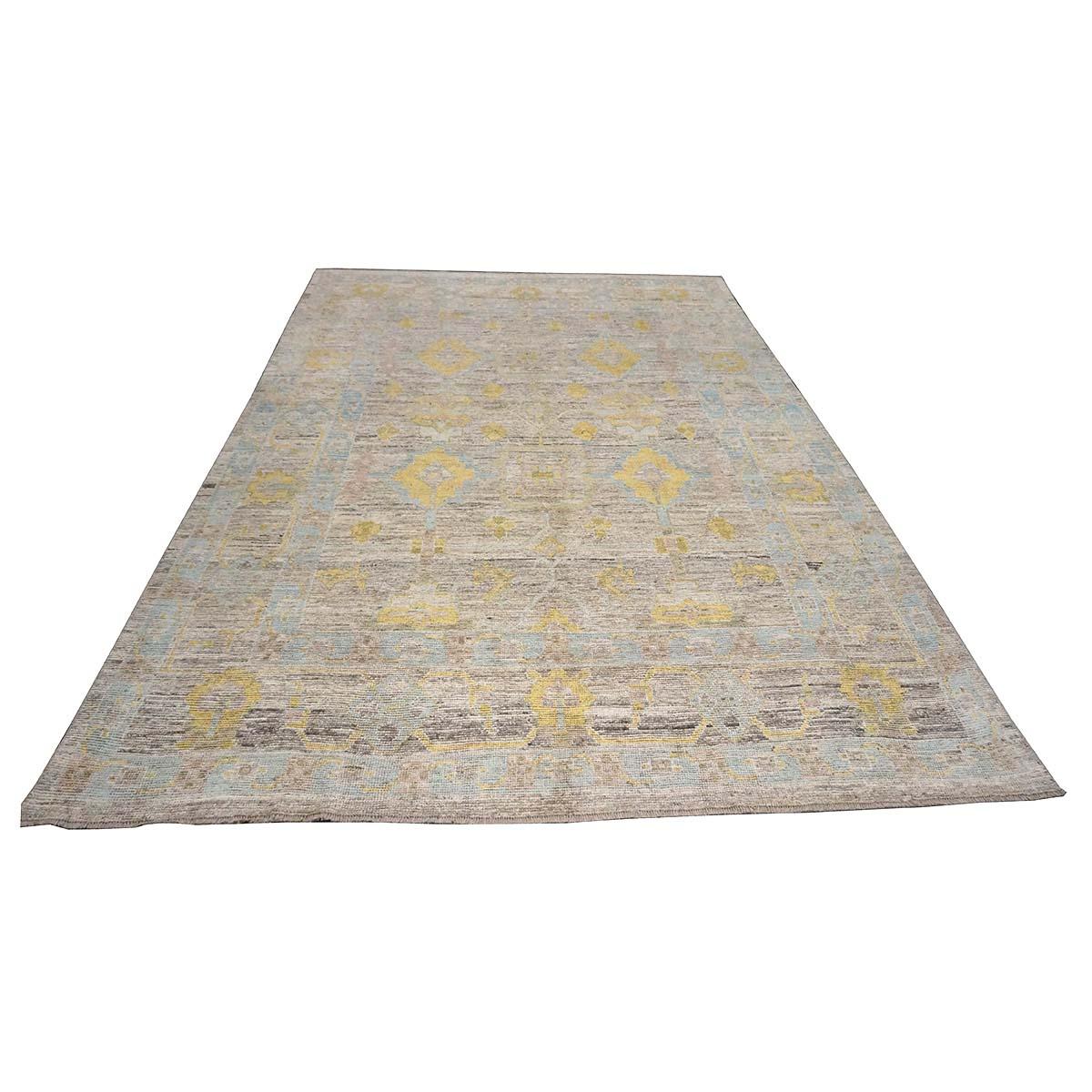 21e siècle Tapis turc Oushak 9X12 or, ivoire et bleu ardoise fait main Excellent état - En vente à Houston, TX