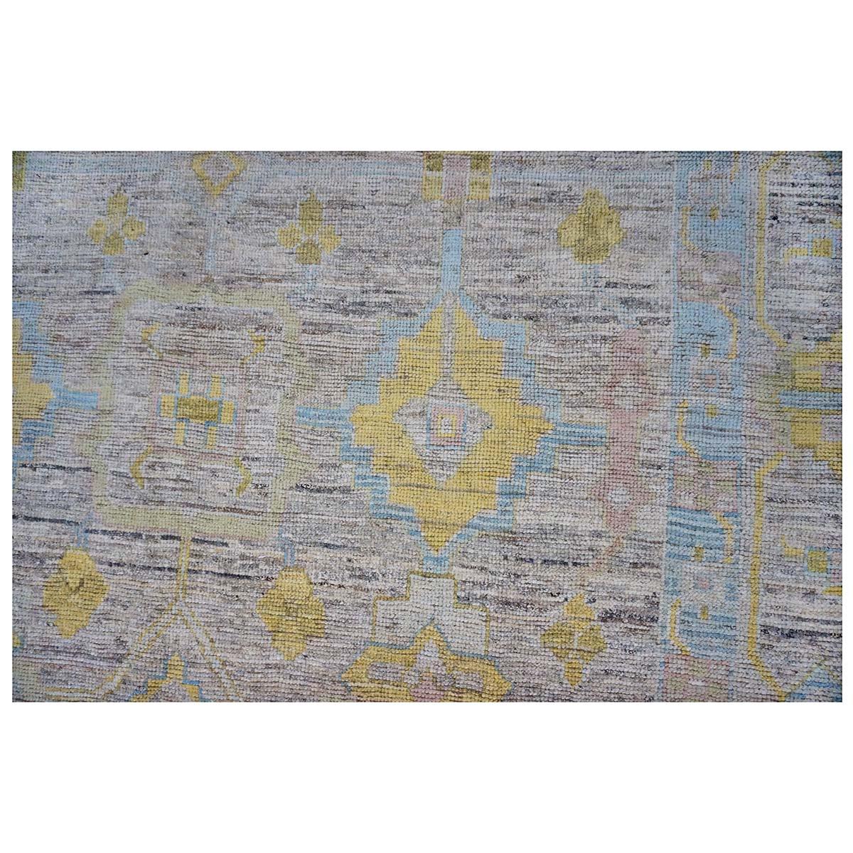 Laine 21e siècle Tapis turc Oushak 9X12 or, ivoire et bleu ardoise fait main en vente