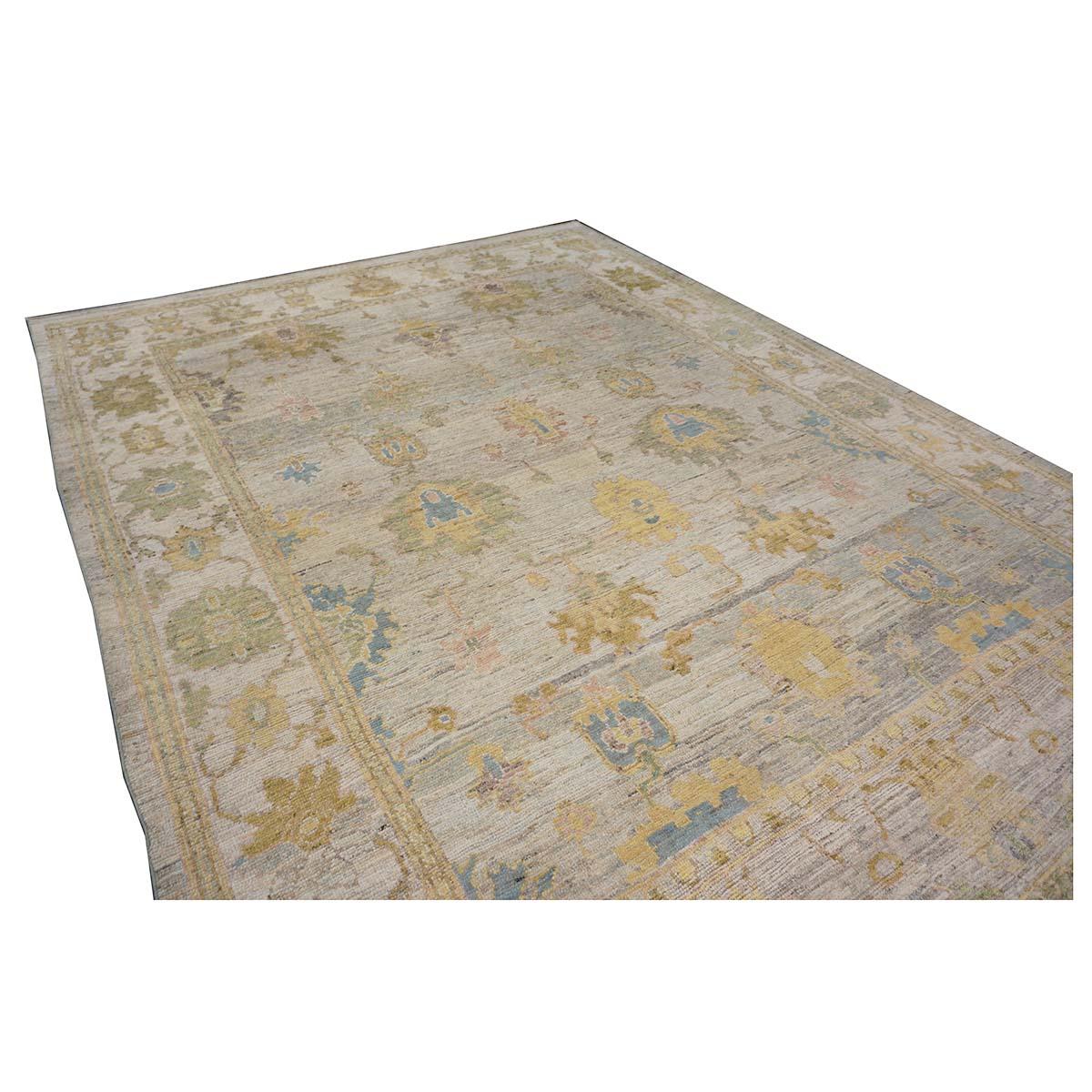 Tappeto turco Oushak 9X12 oro, avorio e blu ardesia del 21° secolo, realizzato a mano in vendita 1