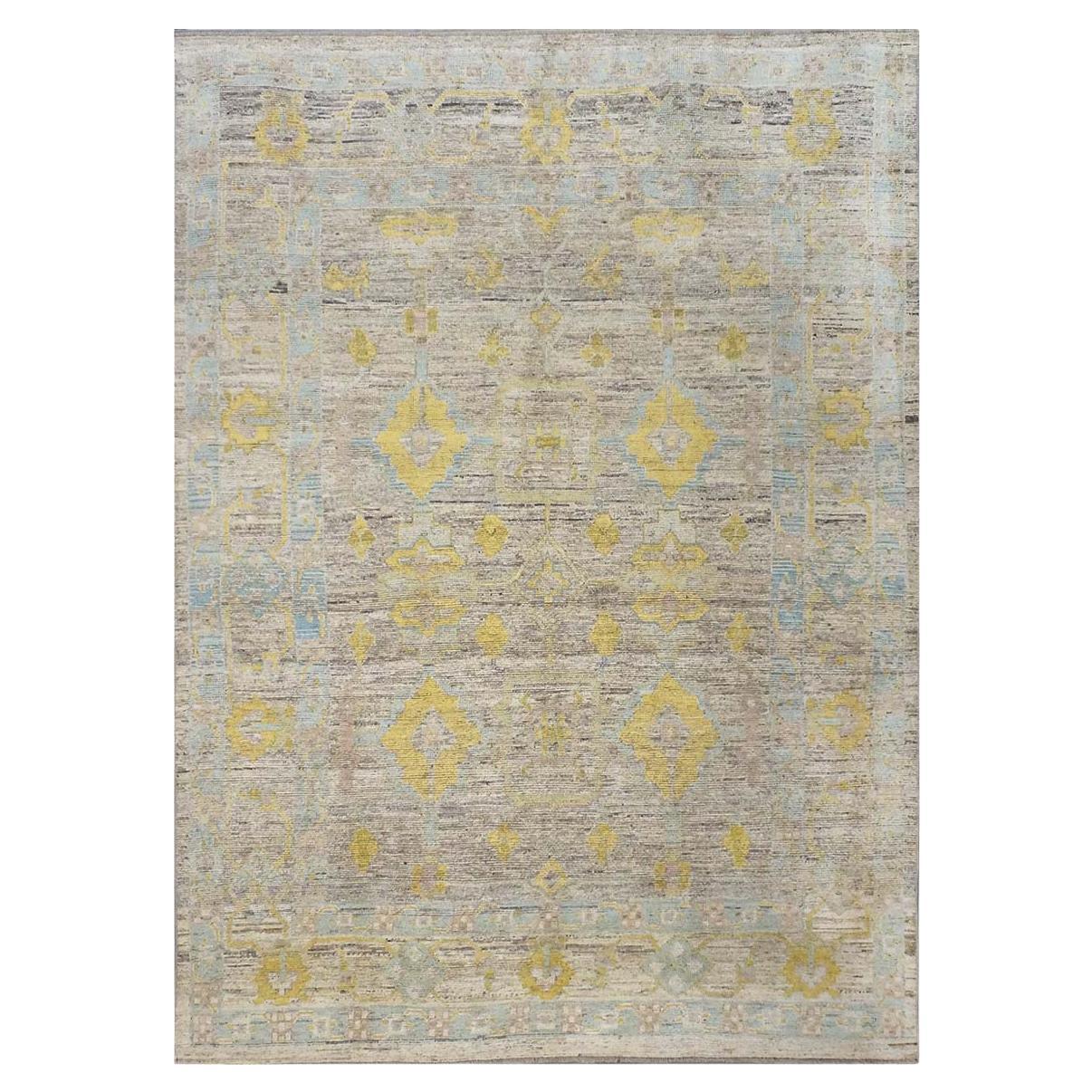 21e siècle Tapis turc Oushak 9X12 or, ivoire et bleu ardoise fait main
