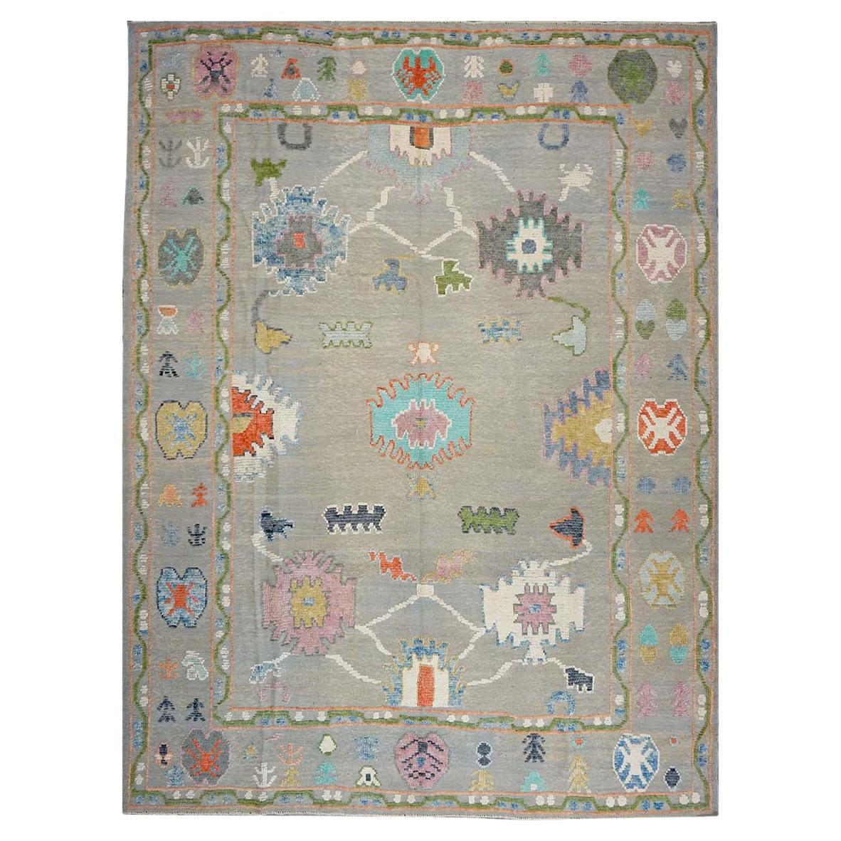 Tappeto turco 21st Century Oushak 9X12 grigio, avorio e verde fatto a mano