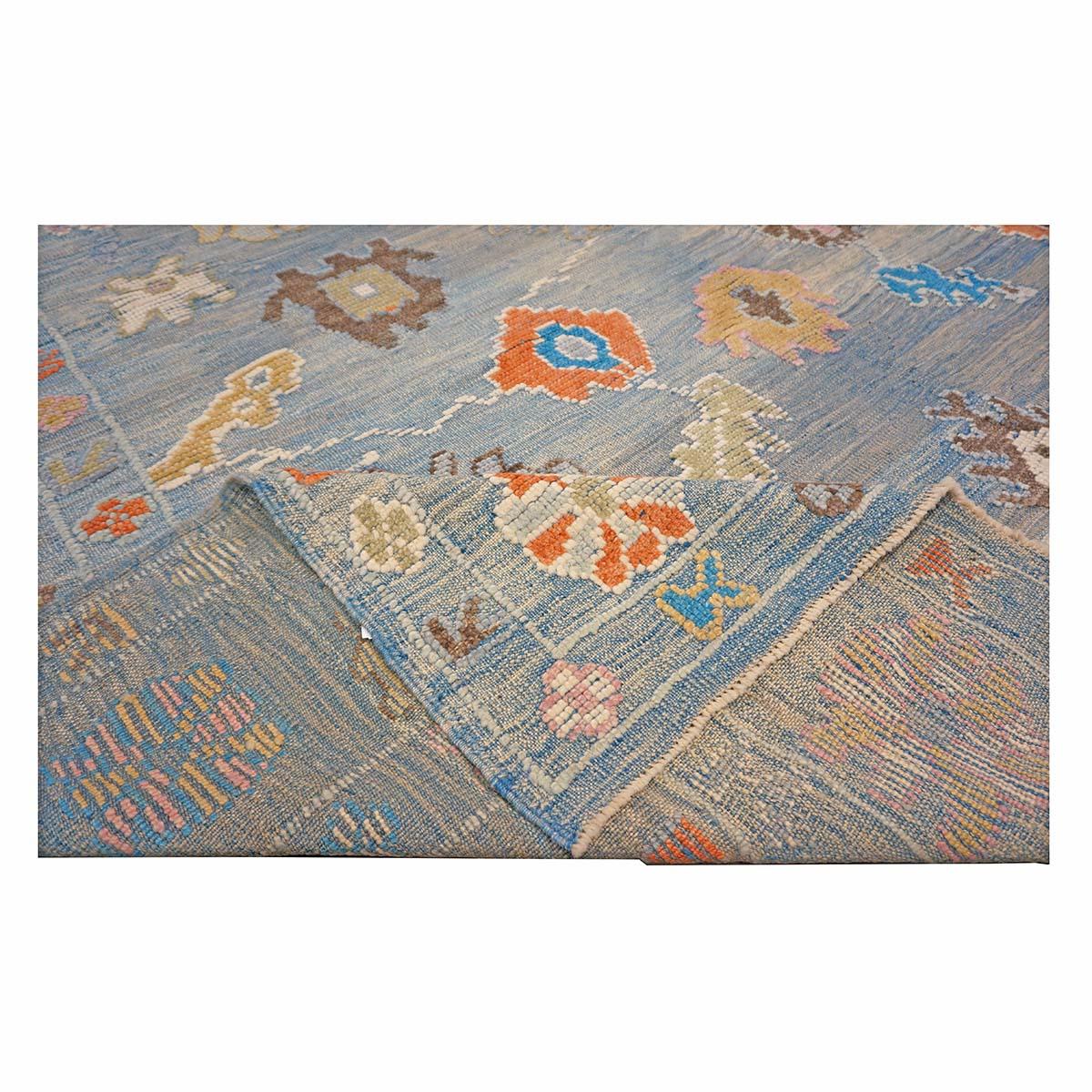 21st Century Türkisch Oushak 9x12 Grau, Orange & Schiefer Blau Handgefertigt Läufer Teppich im Angebot 7
