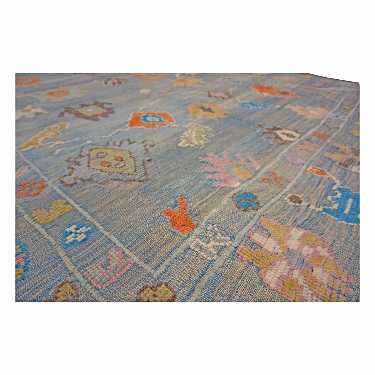 21st Century Türkisch Oushak 9x12 Grau, Orange & Schiefer Blau Handgefertigt Läufer Teppich (Handgewebt) im Angebot