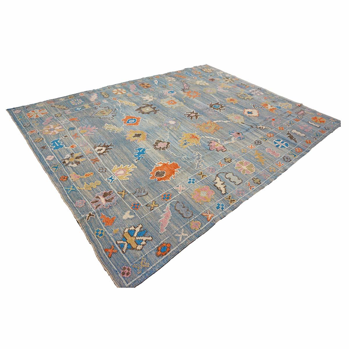 21st Century Türkisch Oushak 9x12 Grau, Orange & Schiefer Blau Handgefertigt Läufer Teppich (21. Jahrhundert und zeitgenössisch) im Angebot