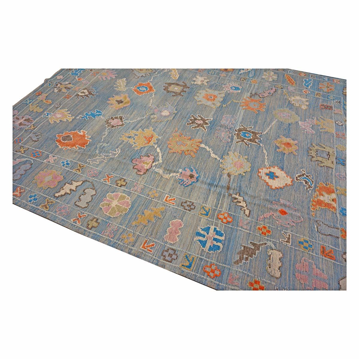 21st Century Türkisch Oushak 9x12 Grau, Orange & Schiefer Blau Handgefertigt Läufer Teppich (Wolle) im Angebot