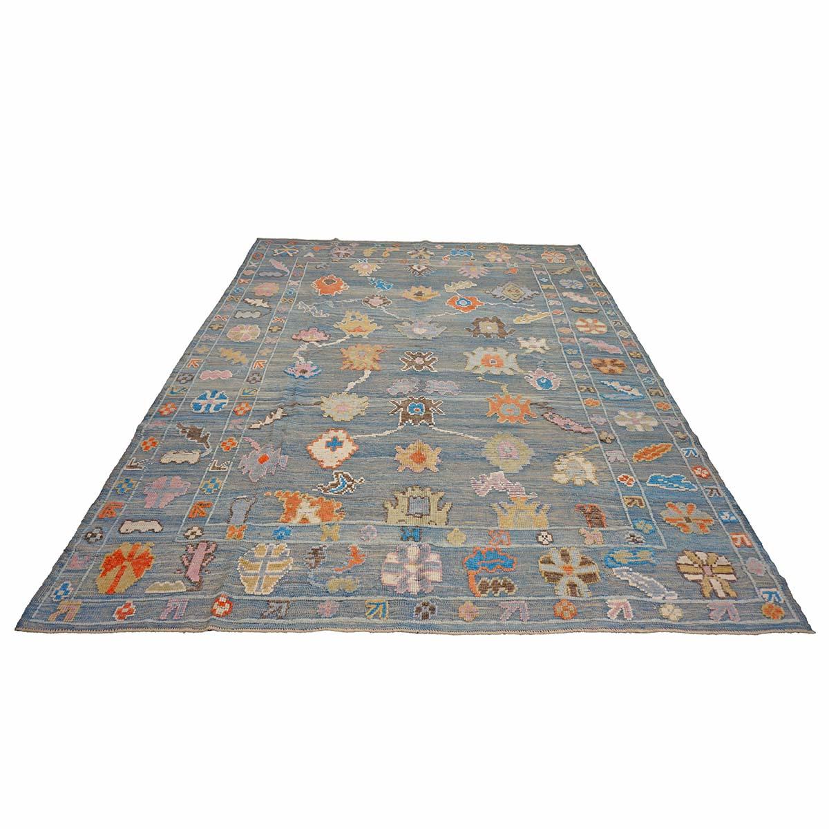 21st Century Türkisch Oushak 9x12 Grau, Orange & Schiefer Blau Handgefertigt Läufer Teppich im Angebot 1