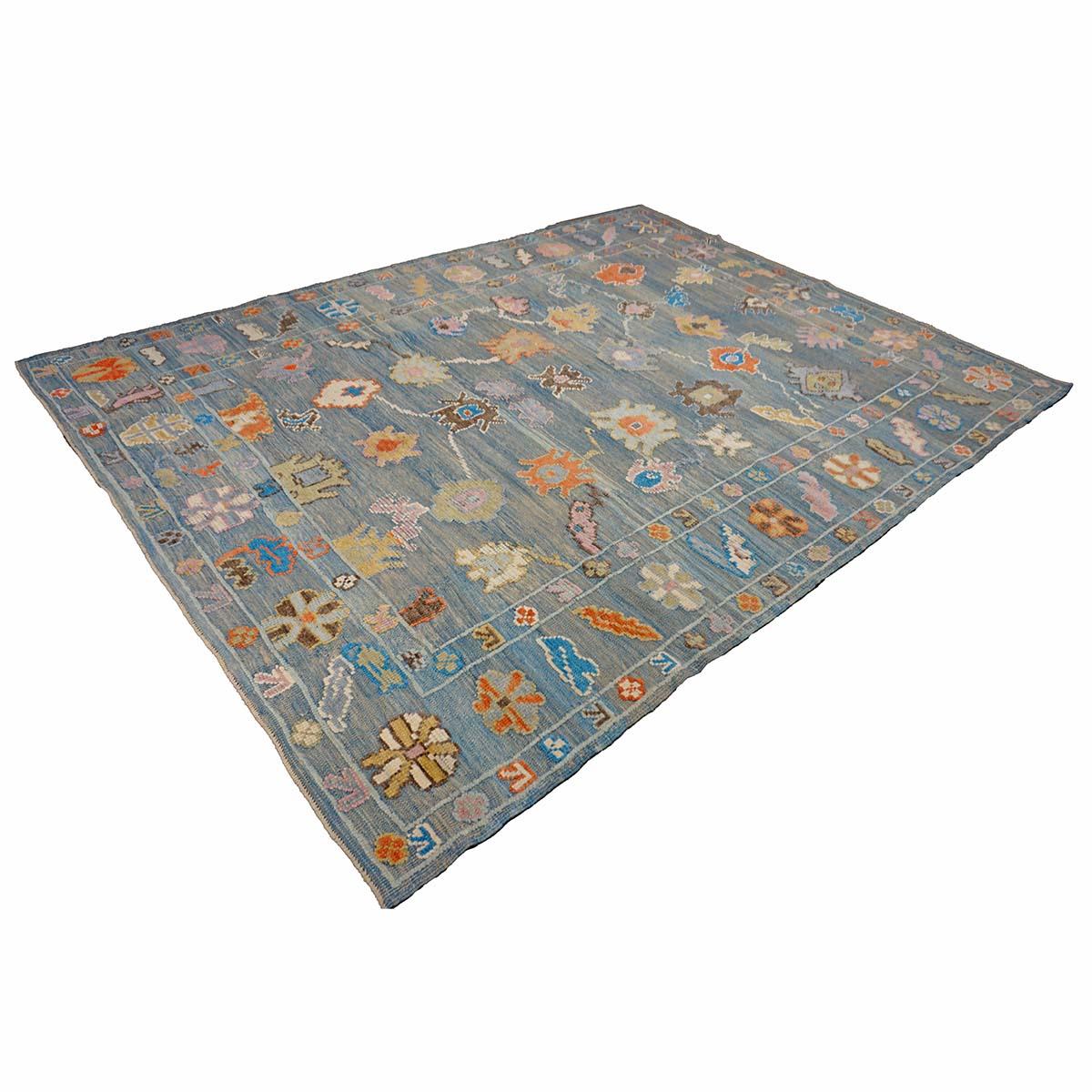 21st Century Türkisch Oushak 9x12 Grau, Orange & Schiefer Blau Handgefertigt Läufer Teppich im Angebot 2