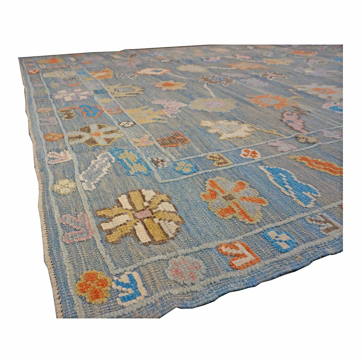 21st Century Türkisch Oushak 9x12 Grau, Orange & Schiefer Blau Handgefertigt Läufer Teppich im Angebot 3