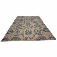 21st Century Turkish Oushak Wool 9x13 Ivory & Slate Blue Handmade Area Rug