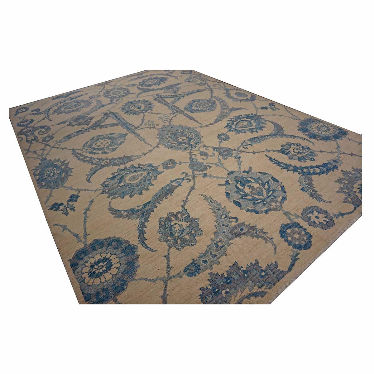 Turc 21e siècle Tapis de course turc Oushak 9x12 Ivoire et bleu ardoise fait à la main en vente