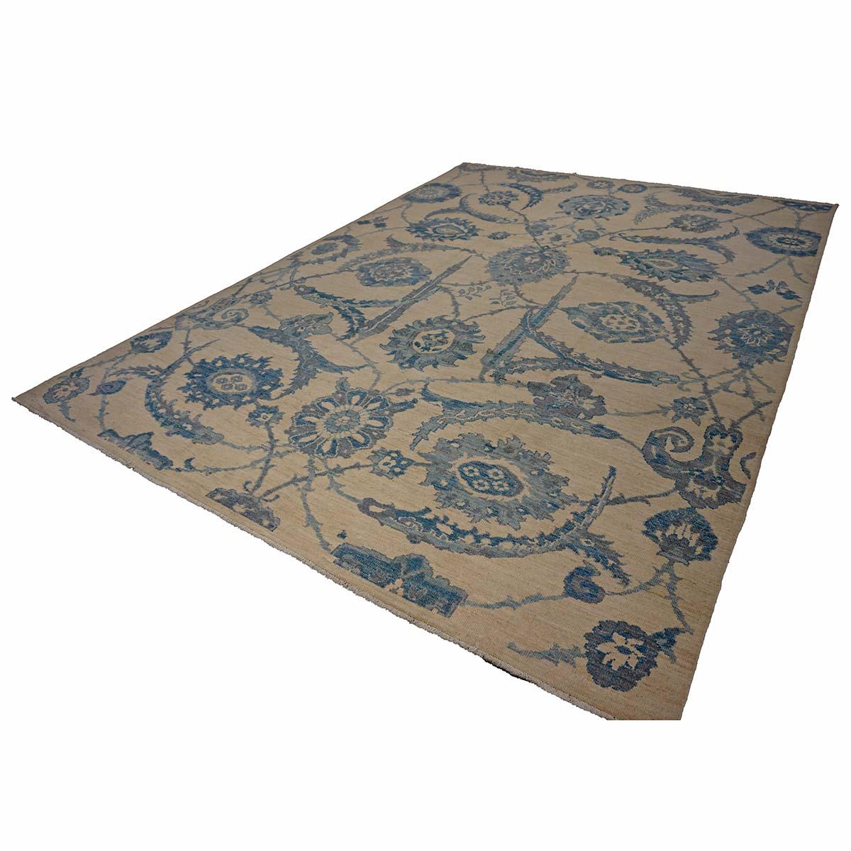 Tissé à la main 21e siècle Tapis de course turc Oushak 9x12 Ivoire et bleu ardoise fait à la main en vente