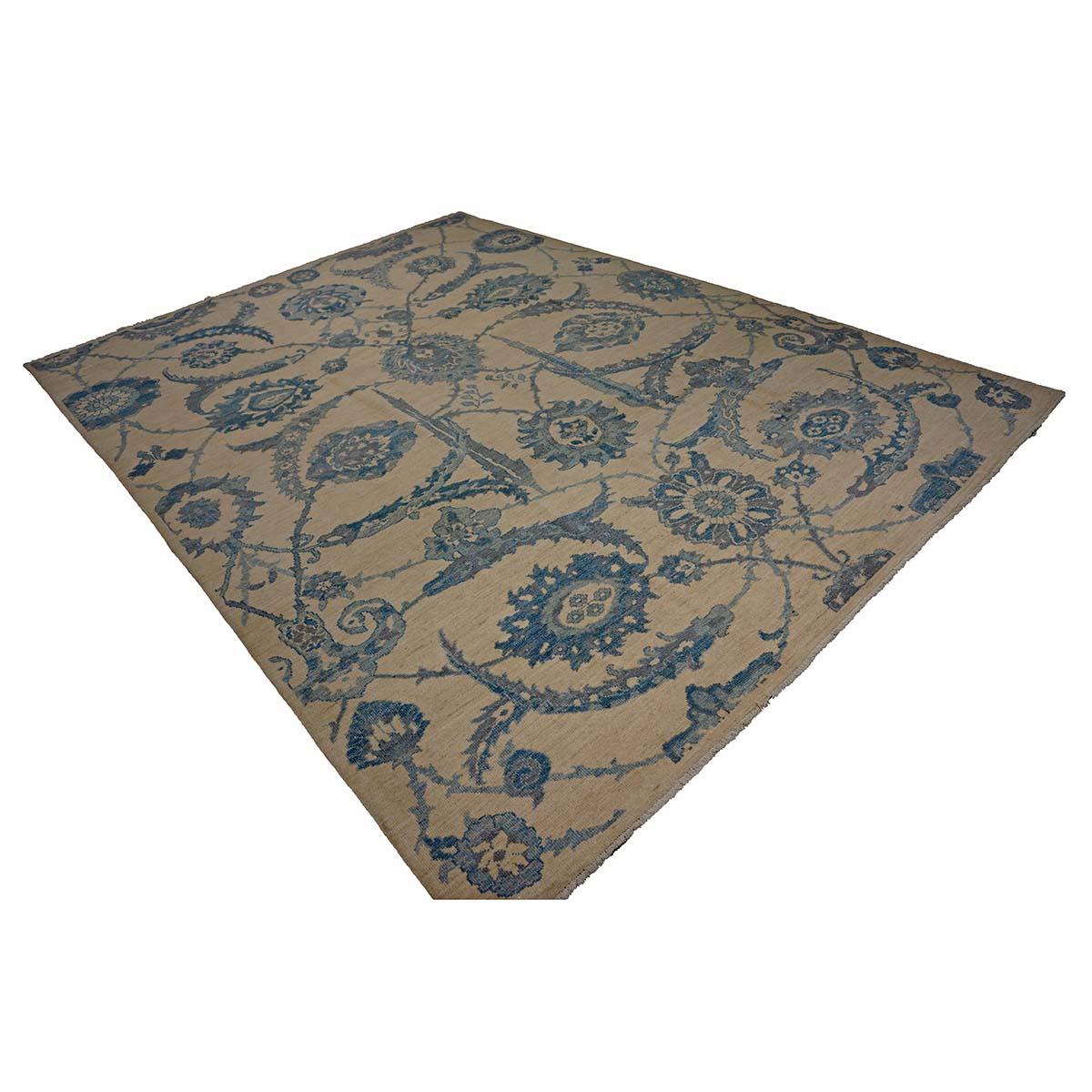 21e siècle Tapis de course turc Oushak 9x12 Ivoire et bleu ardoise fait à la main Excellent état - En vente à Houston, TX