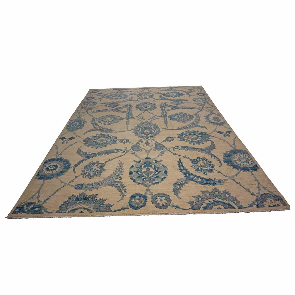 XXIe siècle et contemporain 21e siècle Tapis de course turc Oushak 9x12 Ivoire et bleu ardoise fait à la main en vente