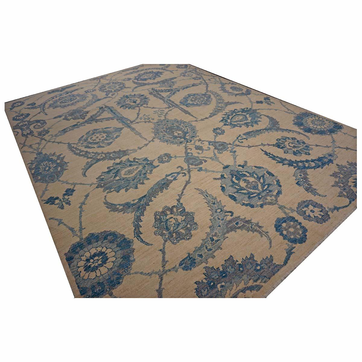 Laine 21e siècle Tapis de course turc Oushak 9x12 Ivoire et bleu ardoise fait à la main en vente