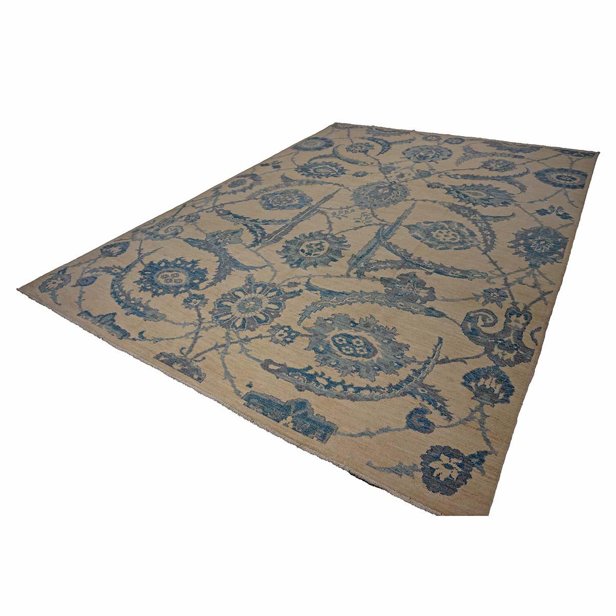 21e siècle Tapis de course turc Oushak 9x12 Ivoire et bleu ardoise fait à la main en vente 1