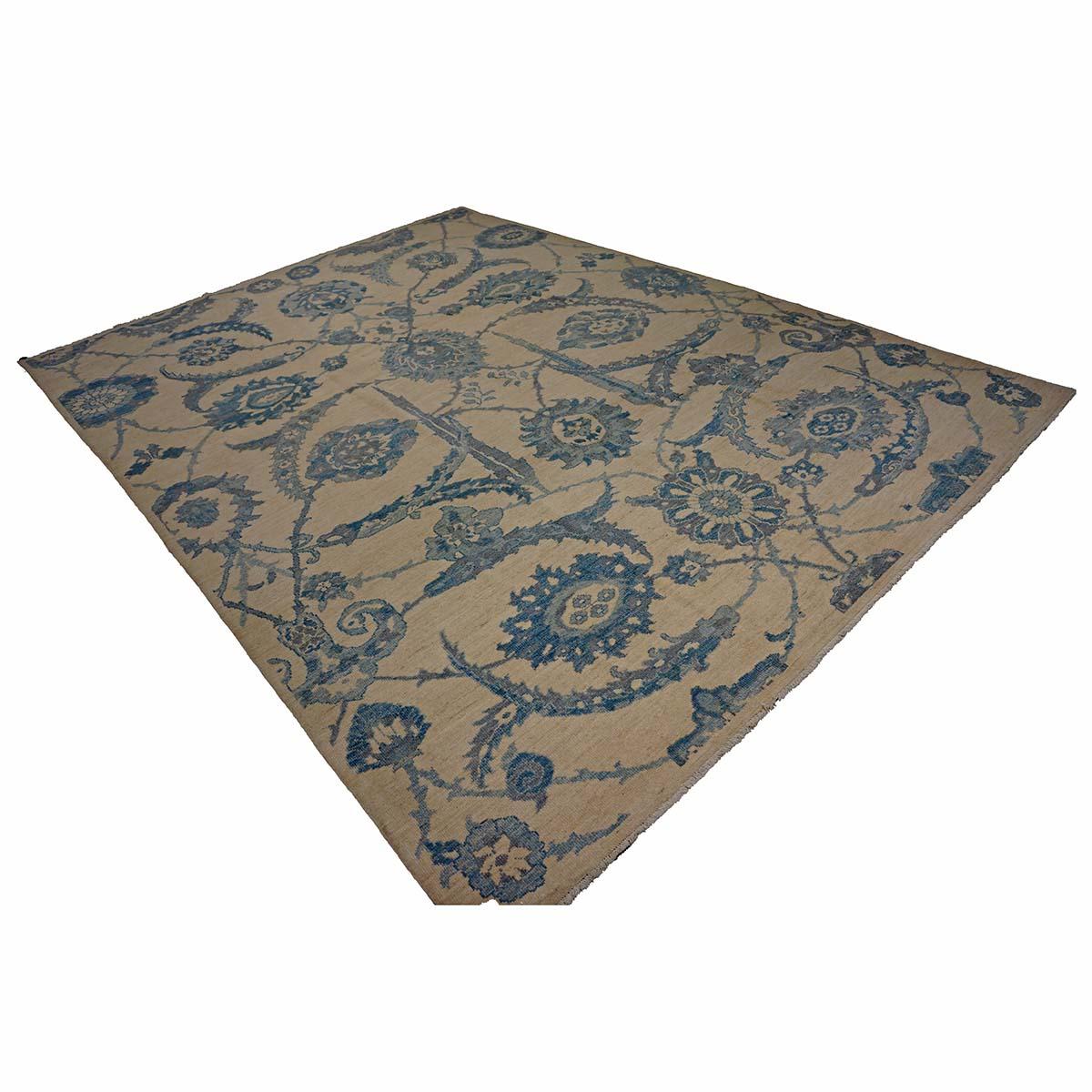21e siècle Tapis de course turc Oushak 9x12 Ivoire et bleu ardoise fait à la main en vente 2