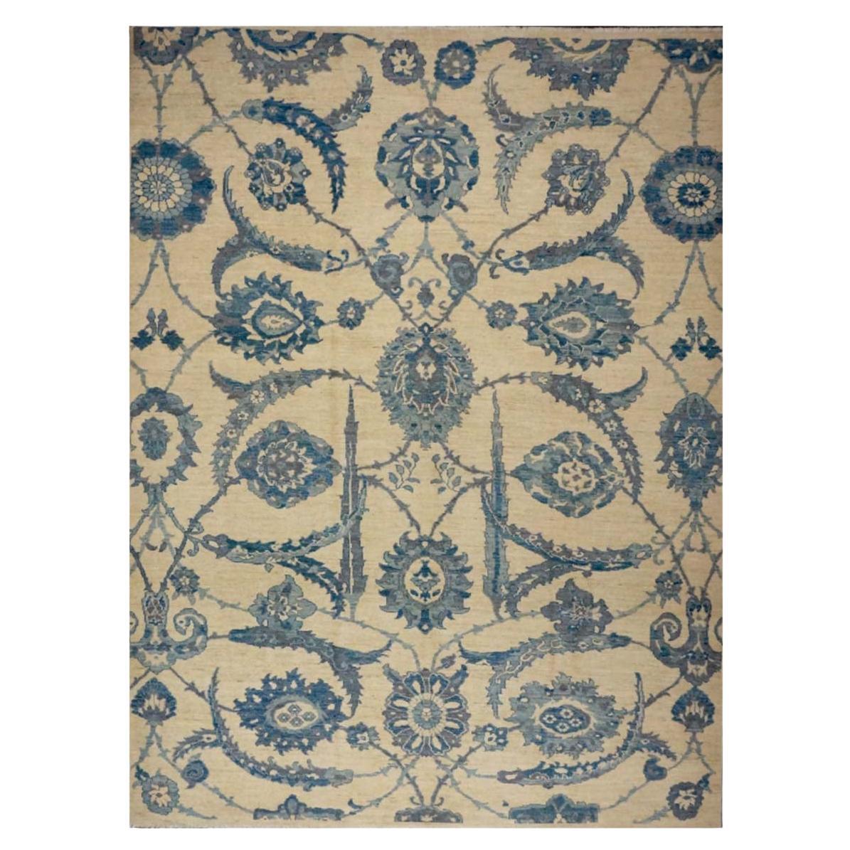 21e siècle Tapis de course turc Oushak 9x12 Ivoire et bleu ardoise fait à la main