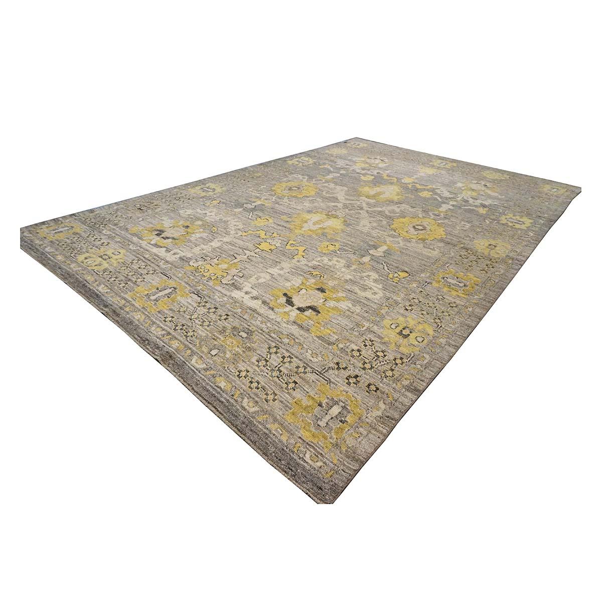 Tessuto a mano Tappeto turco 21st Century Oushak 9X13 Oro, Avorio e Grigio fatto a mano in vendita