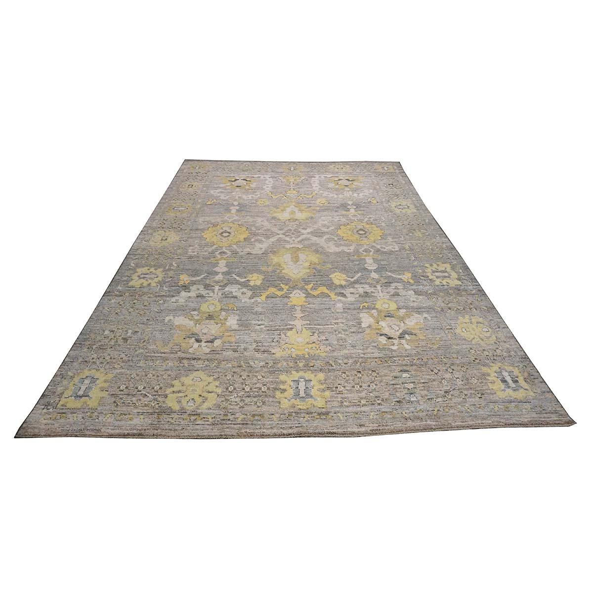 Tappeto turco 21st Century Oushak 9X13 Oro, Avorio e Grigio fatto a mano In condizioni ottime in vendita a Houston, TX