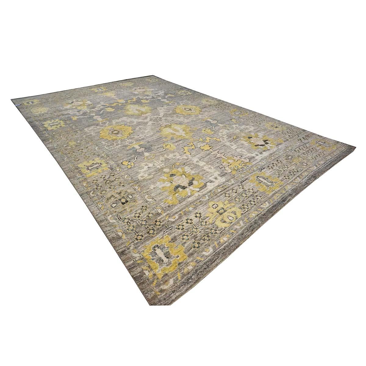Turc 21e siècle Tapis de course turc Oushak 9X13 or, ivoire et gris fait à la main en vente