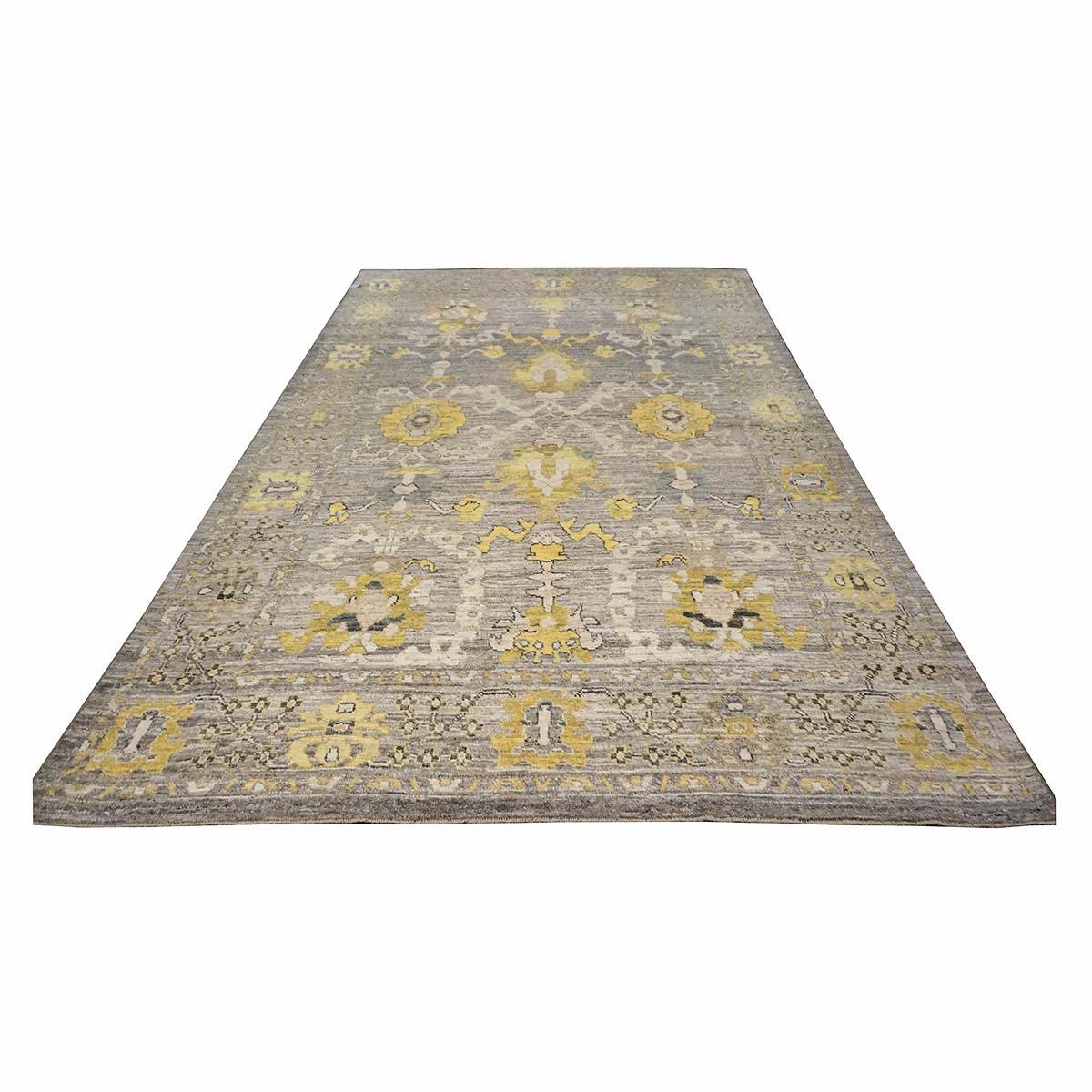 XXIe siècle et contemporain 21e siècle Tapis de course turc Oushak 9X13 or, ivoire et gris fait à la main en vente