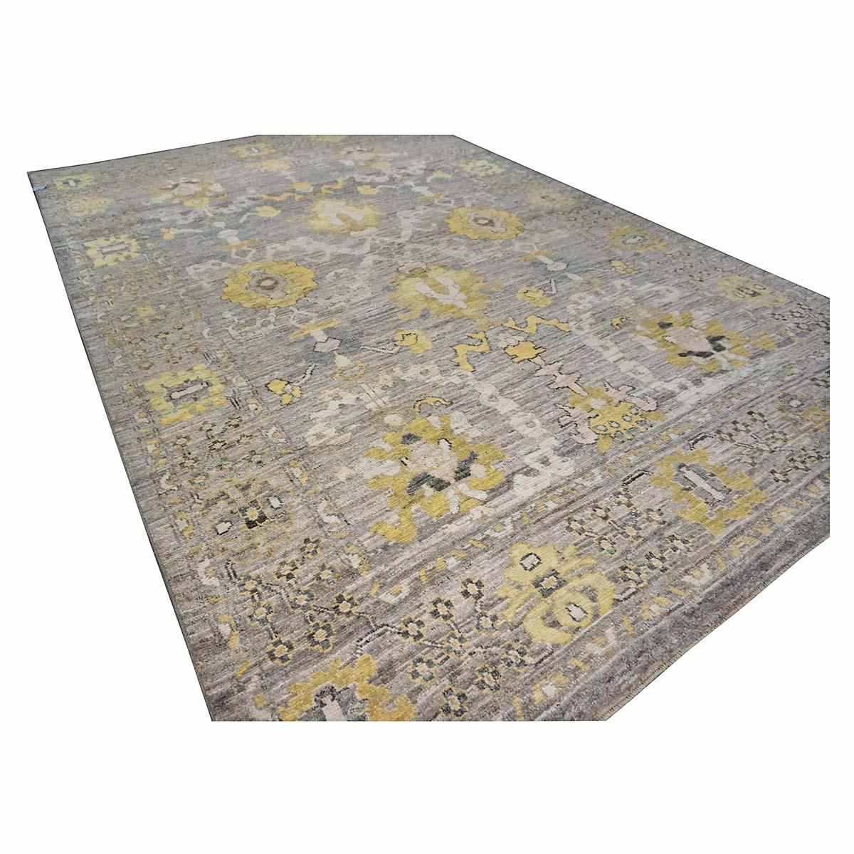 Laine 21e siècle Tapis de course turc Oushak 9X13 or, ivoire et gris fait à la main en vente